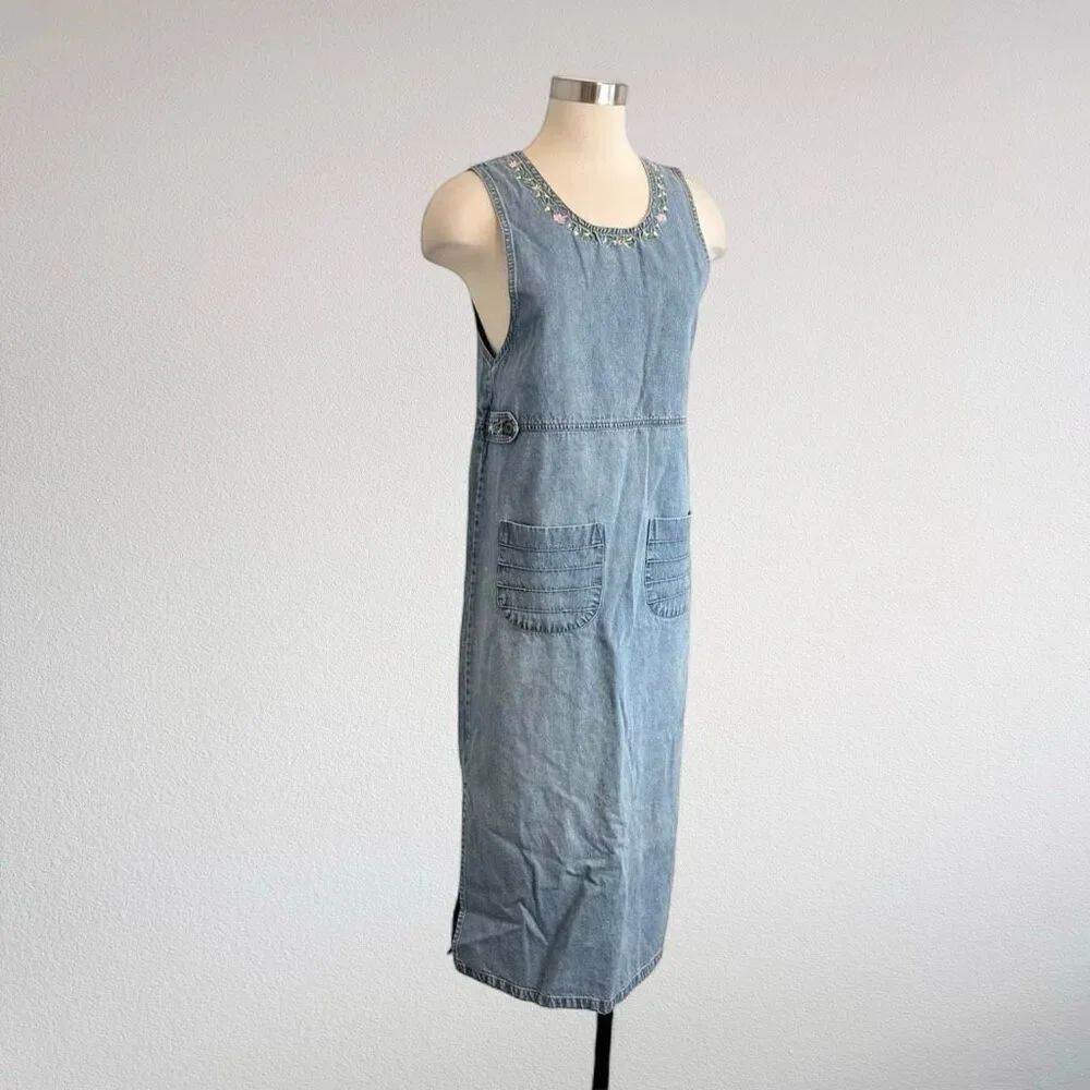 Mississippi River Blues Denim Maxi Dress Overalls Jumper Small Embroidered Flora